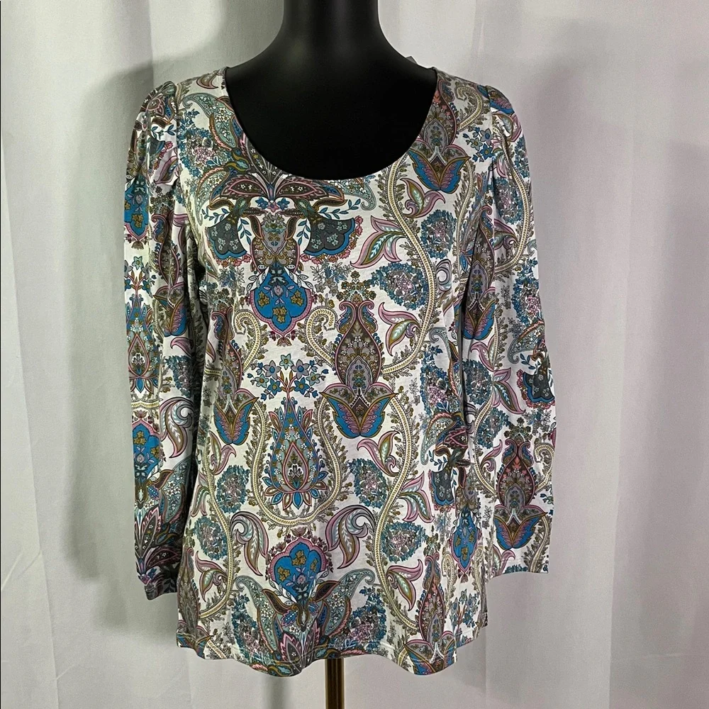 NWT LOFT Multicolor Paisley Print 3/4 Length Puff Sleeve Top